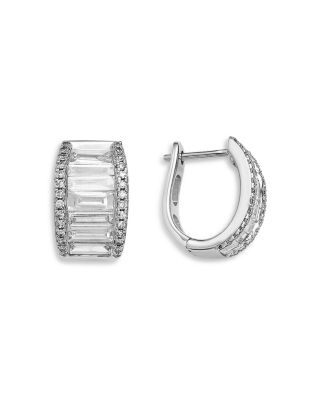 Diamond Baguette & Round Huggie Hoop Earrings in 14K White Gold, 2.0 tcw