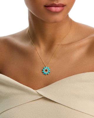 Turquoise & Diamond Starburst Pendant Necklace in 14K Yellow Gold, 18"