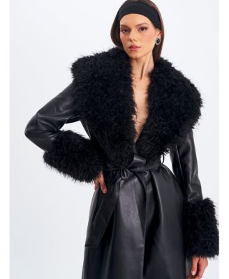  Zariah Faux Fur Trimmed Longline Faux Leather Coat