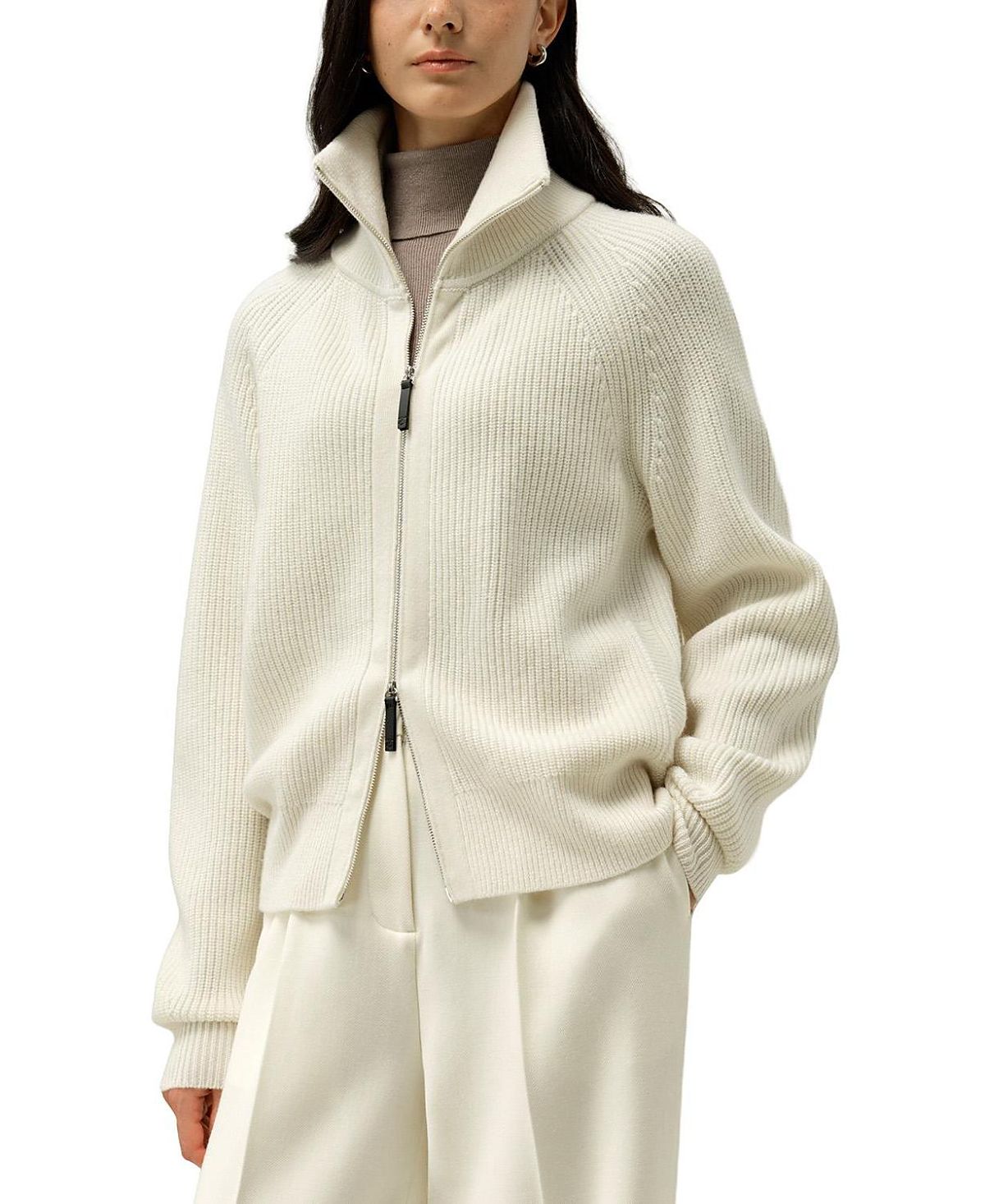 Lilysilk Ribbed-Knit Turtleneck Zip Cardigan