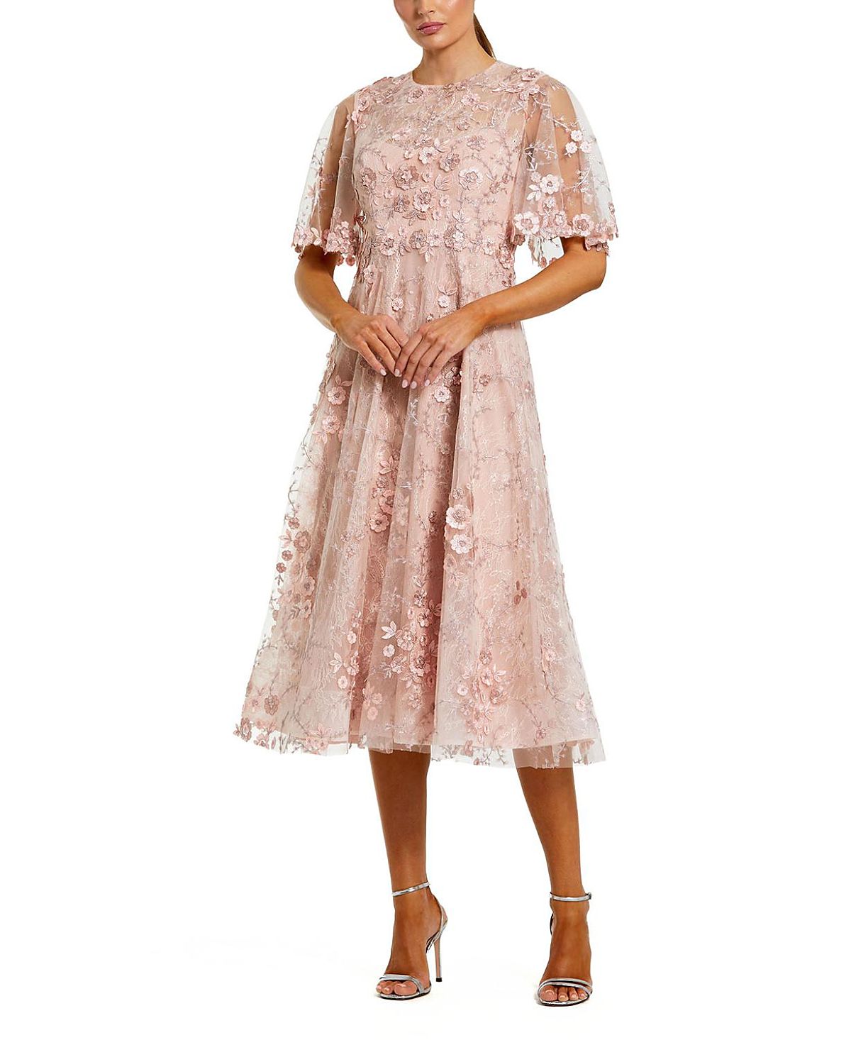 Mac Duggal Flutter Sleeve Floral Embroidered Midi Dress