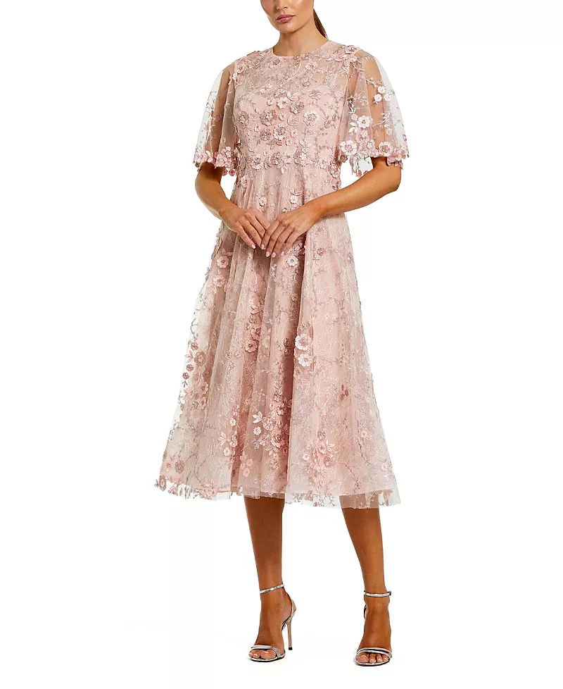 Mac Duggal Flutter Sleeve Floral Embroidered Midi Dress