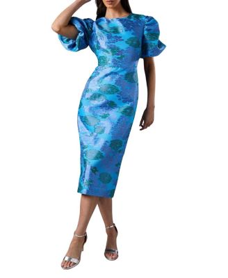 Jacquard Floral Puff Sleeve Midi Dress