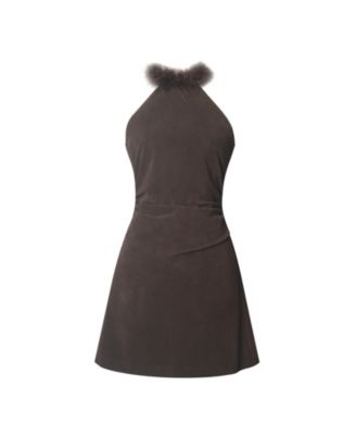 Yael Suede Faux Fur Halter Mini Dress