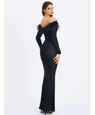  Emberly Trimmed Off-Shoulder Rhinestone Mesh Mermaid Dress