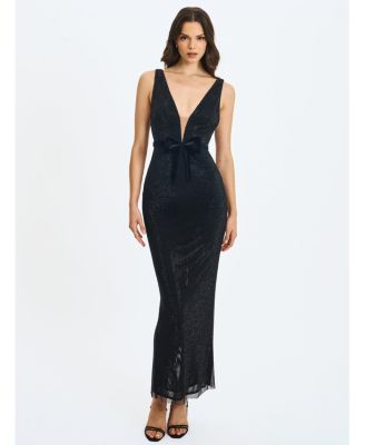  Olympia Belted Bow Plunging Rhinestone Maxi Dress