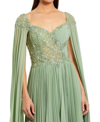  Cape Sleeve Pleated Charmeuse Beaded Gown
