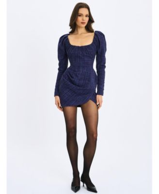  Denise Tweed Ruched Puff Sleeve Mini Dress