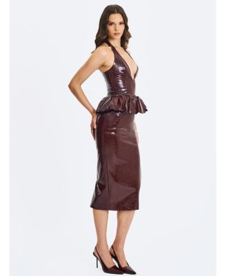  Jaslene Peplum Faux Leather Halter Midi Dress