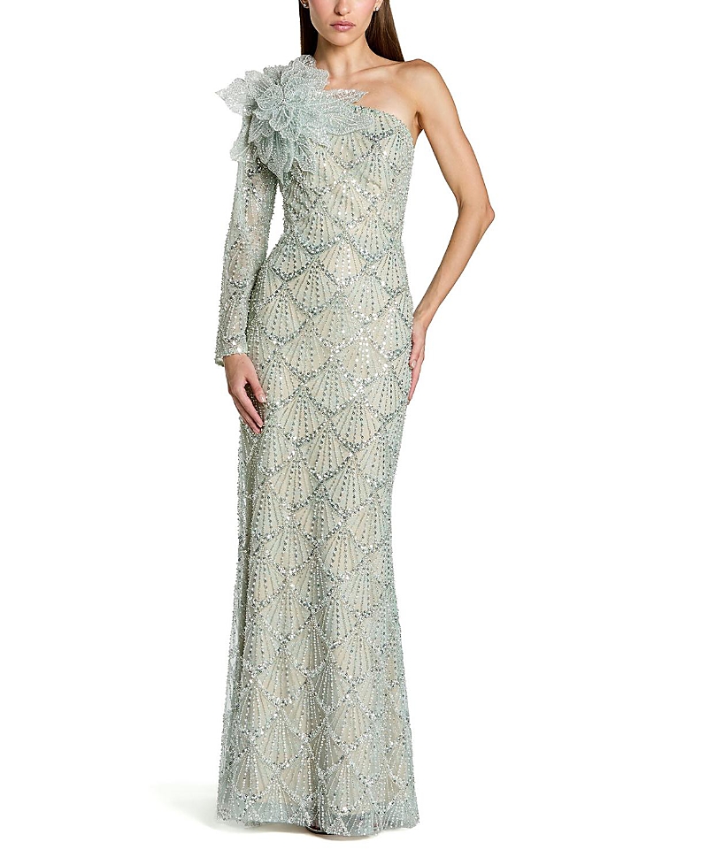 Mac Duggal One Sleeve 3D Flower Sequin Column Gown