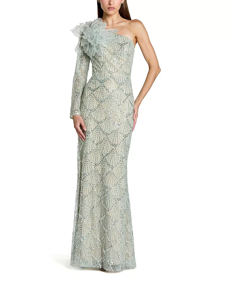 Mac Duggal One Sleeve 3D Flower Sequin Column Gown
