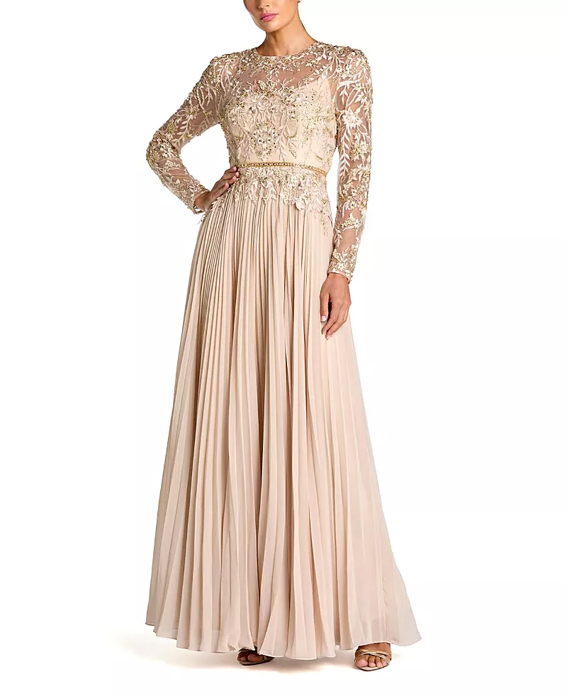 Mac Duggal Long Sleeve Chiffon Embellished Gown