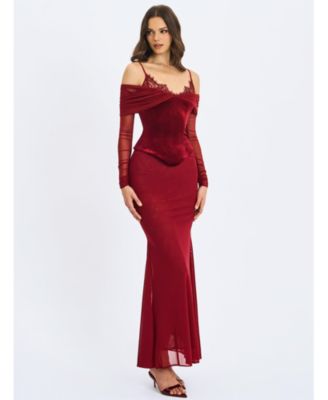  Maybelle Bardot Lace Strap Peplum Maxi Dress