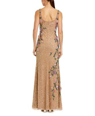 Floral Beaded Mesh Scoop Neck Sleeveless Gown