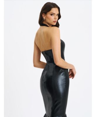  Gardenia Faux Leather Midi Sweetheart Halter Flared Dress