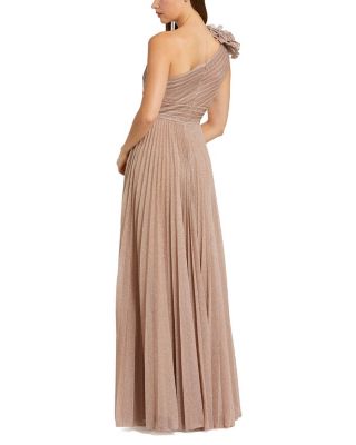  Pleated Metallic One Shoulder Gown with Ruffle