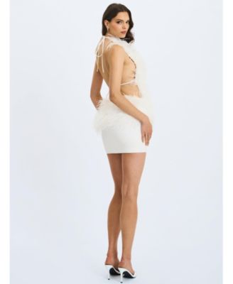  Quisten Feathered Plunging Halter Mini Dress