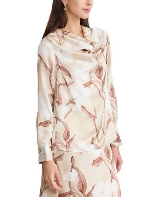 Draped Neck Floral Print Silk Blouse 