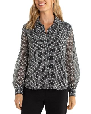 Long Sleeve Collared Woven Blouse with Sleeve Tie Detail
