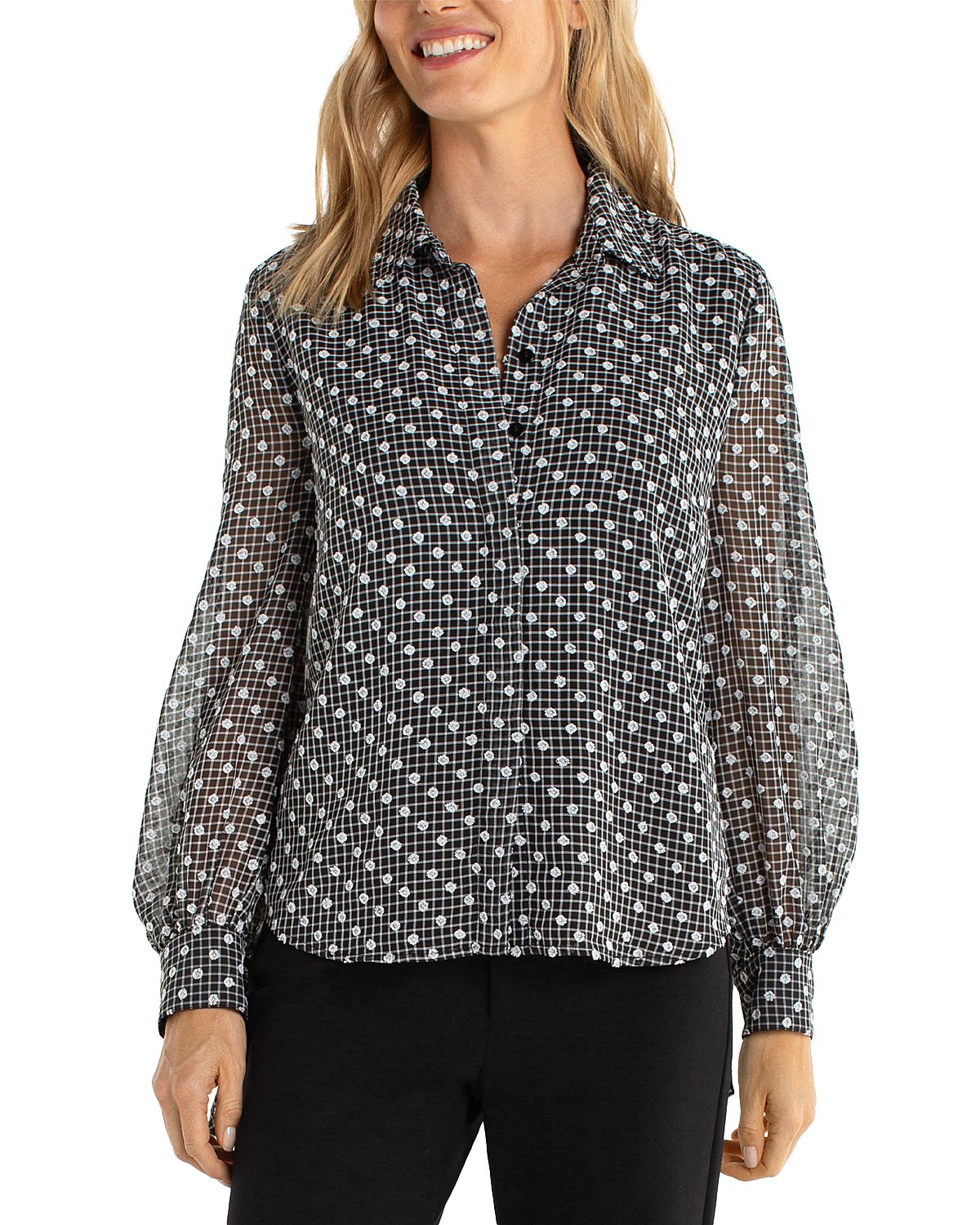 Liverpool Los Angeles Long Sleeve Collared Woven Blouse with Sleeve Tie Detail