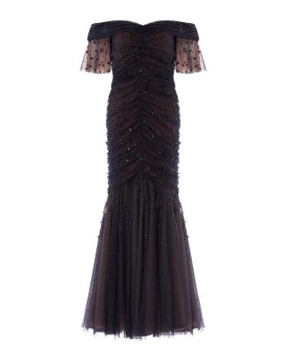 Dappled Sequin Rouched Off-Shoulder Gown