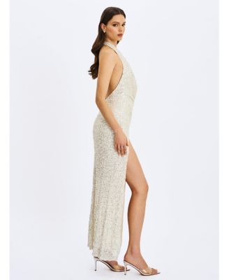  Niamh Beaded Cowl Halter Backless Maxi Dress