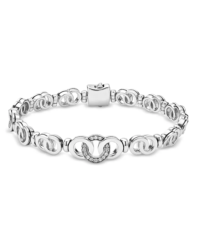 Lagos Sterling Silver Signature Caviar Diamond Circle Interlocking Link Chain Bracelet