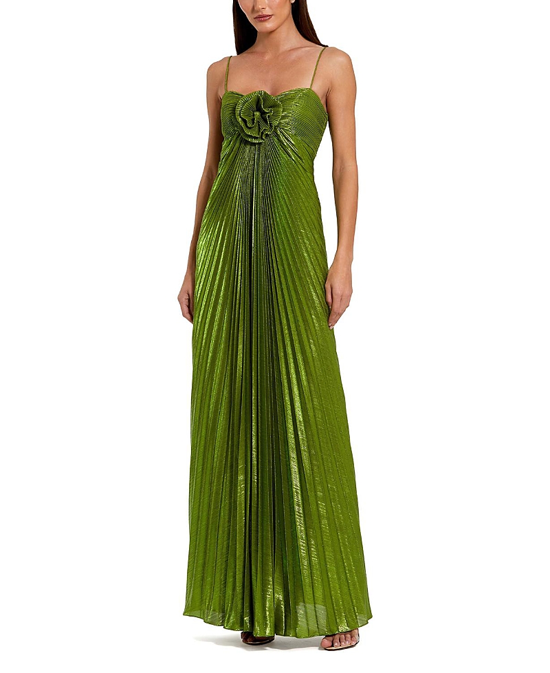 Mac Duggal Thin Strap Pleated Metallic Gown with 3D Flower