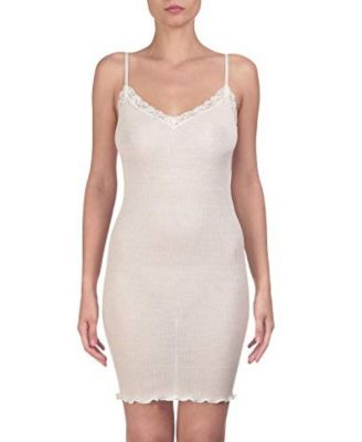 Ribbed Wool & Silk V-Neck Chemise Nightgown with Lace Trim