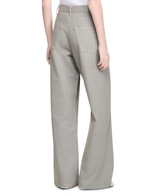 Rhinestone Embellished Wide Leg Jeans in Sand