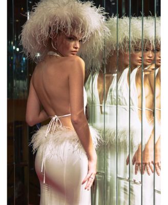  Solene Pleated Halter Backless Feather-Trim Maxi Dress