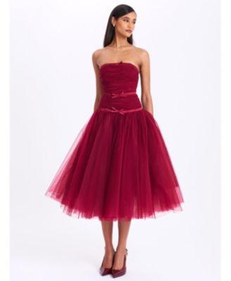  Mabel Drop Waist Layered Mesh Midi Puffy Dress with Bow