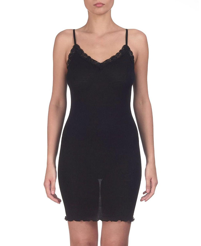Oscalito Ribbed Wool & Silk V-Neck Chemise Nightgown with Lace Trim