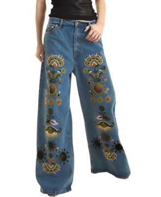 Embroidered Wide Leg Jeans in Mid Wash