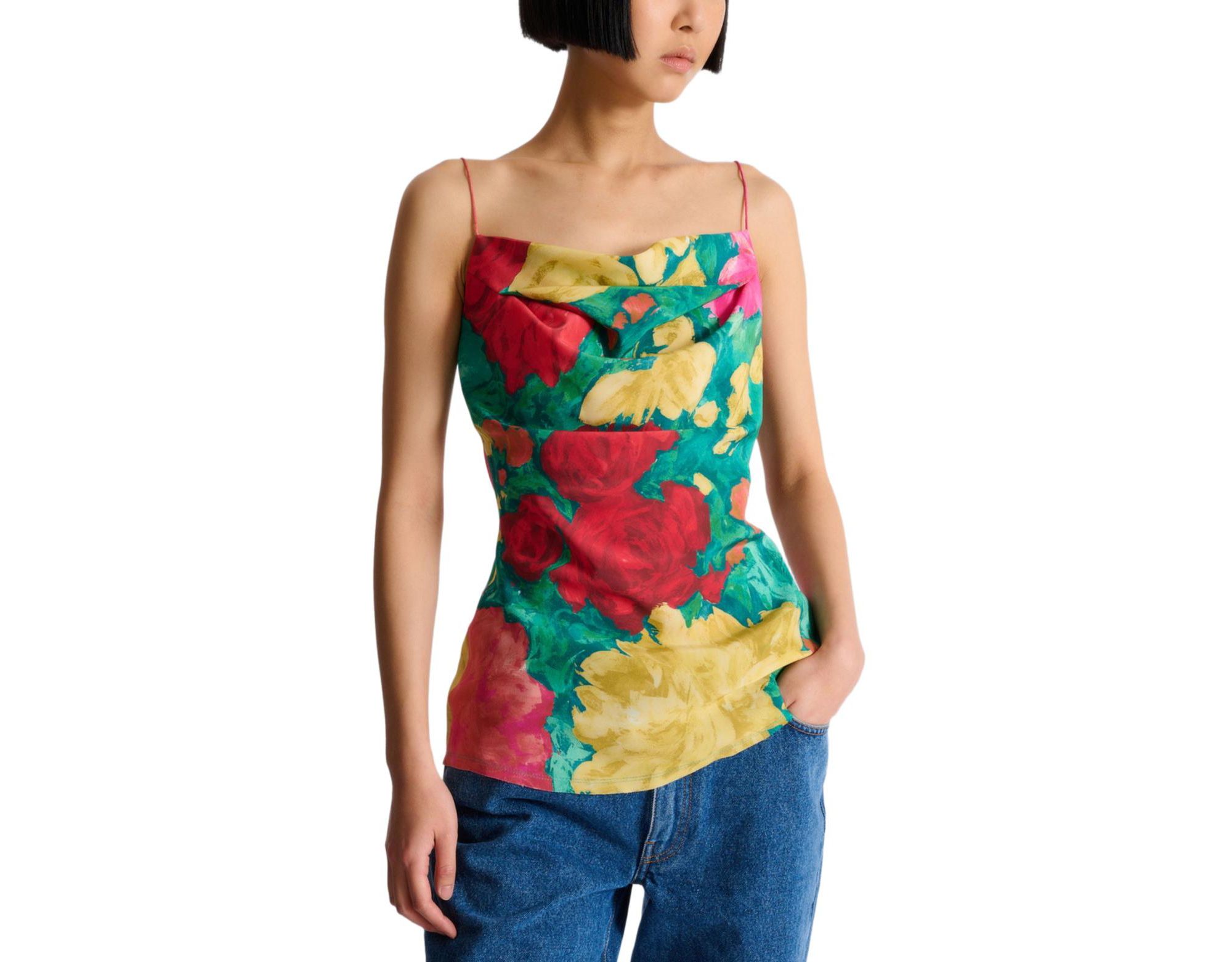 Printed Crepe De Chine Top with Thin Straps — Image 4