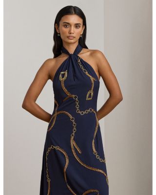 Belting Motif Sequined Crepe Halter Gown