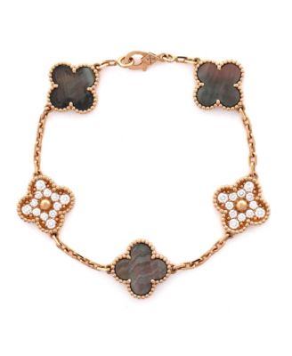  Vintage Alhambra 5 Motifs Bracelet 18K Rose Gold and Mother of Pearl with Diamonds