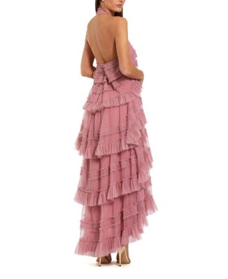 Dot Mesh Ruffle Halter Neck Ankle Dress