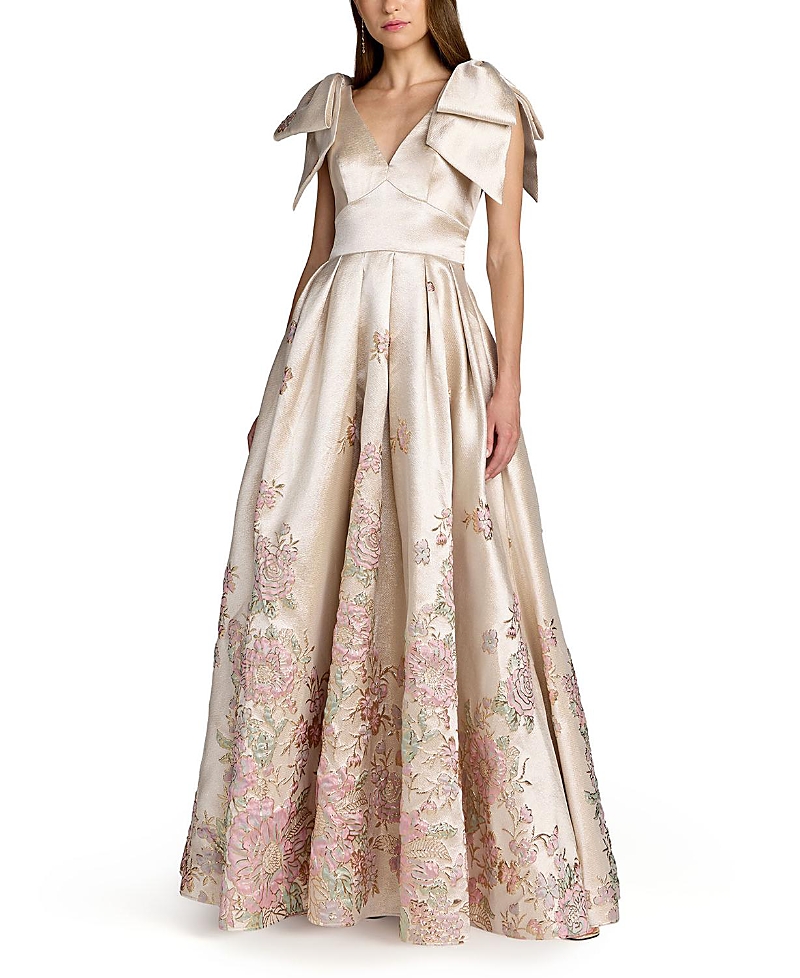 Mac Duggal V Neck Brocade Gown with Bow Straps