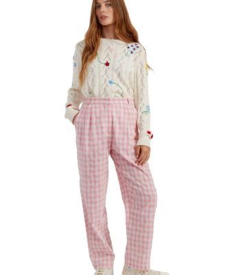  Women s Linen-Blend Gingham Trousers