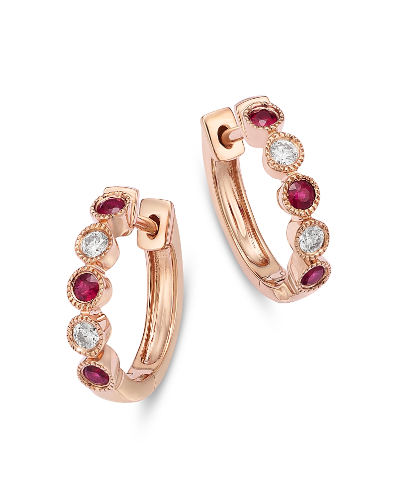 Bloomingdale's Fine Collection Ruby & Diamond Huggie Hoop Earrings in 14K Rose Gold