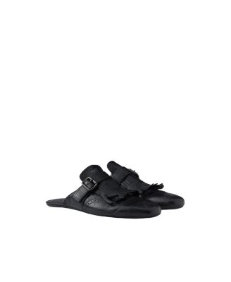 Men's Shuffle Antiqued Leather Mules with Buckled Strap and Fringe