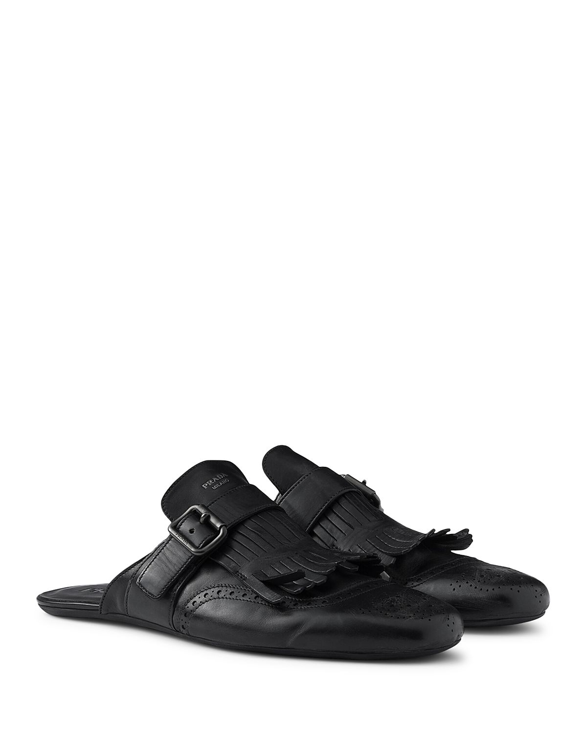 Prada Men's Shuffle Antiqued Leather Mules with Buckled Strap and Fringe