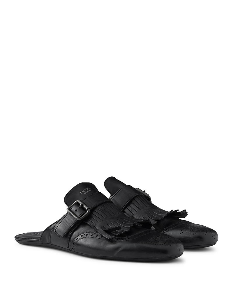 Prada Men's Shuffle Antiqued Leather Mules with Buckled Strap and Fringe