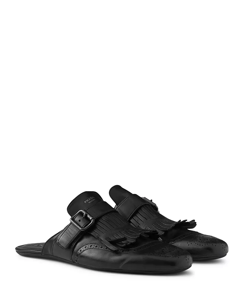 Prada Men's Shuffle Antiqued Leather Mules with Buckled Strap and Fringe
