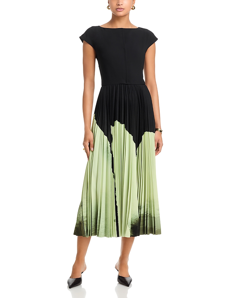 Jason Wu Collection Watercolor Floral Matte Crepe Pleated Dress