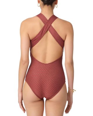 High Neck Wave Texture One Piece Swimsuit