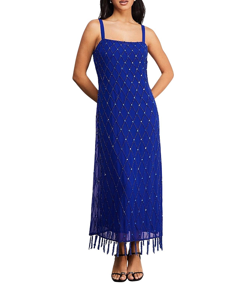Warehouse Hand Embellished Fringe Hem Midi Dress | Mission Valley Warehouse Hand Embellished Fringe Hem Midi Dress | Mission Valley