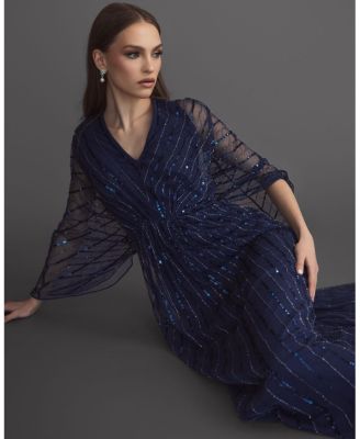  Beaded Striping Kimono Sleeve V Neck Gown
