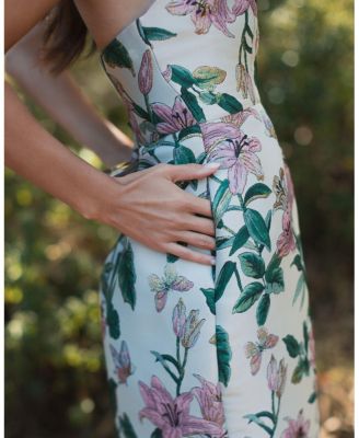  Floral Brocade Strapless Fitted Midi Dress
